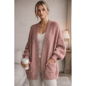 PINCH‎ Dusty Rose Fuzzy Knit Open Front Cardigan Sweater Oversized Cozy